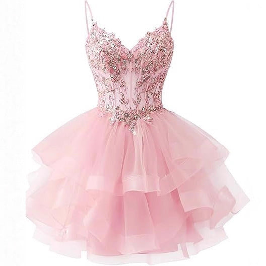 Spaghetti Strap Beaded Sequined Puffy Evening Dress