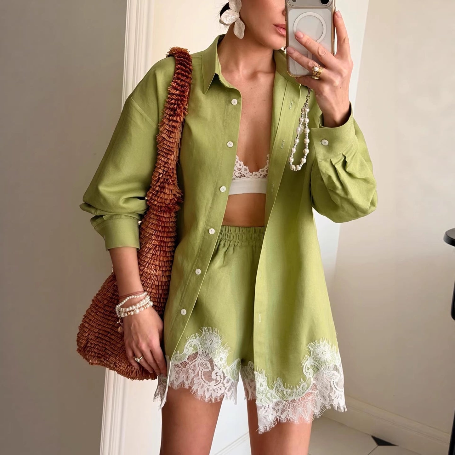 Women's Lapel Collar Blouse and Shorts Set