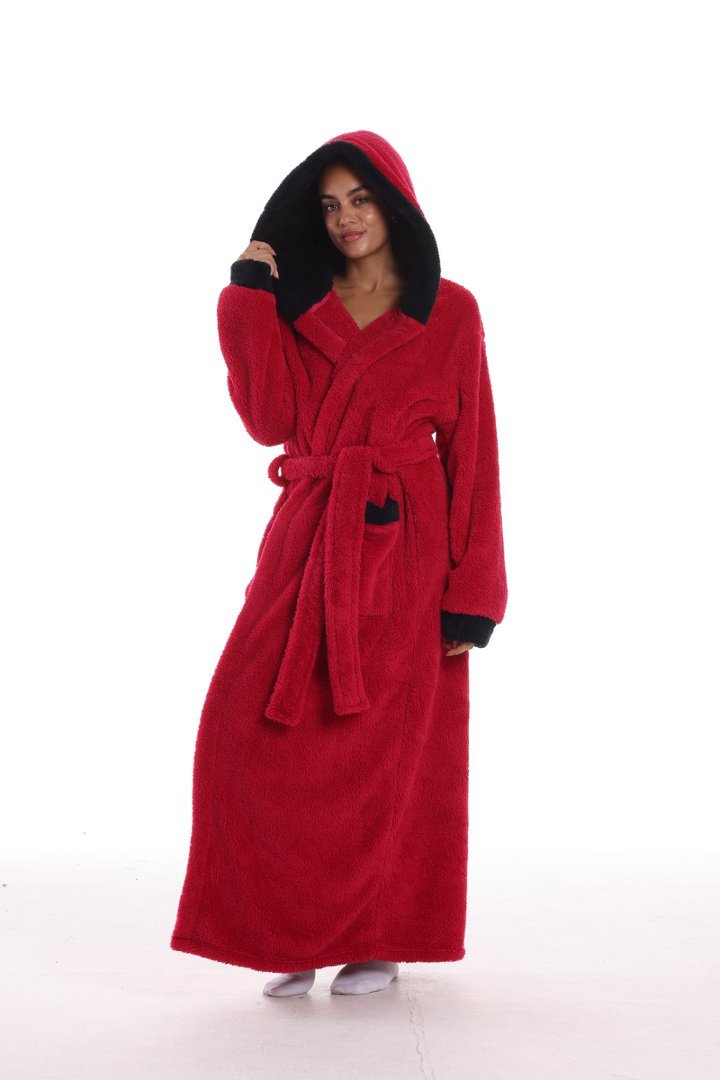 Hooded Solid Color Fleece Bathrobe with Belt Ankle Length Warm Couple Loungewear