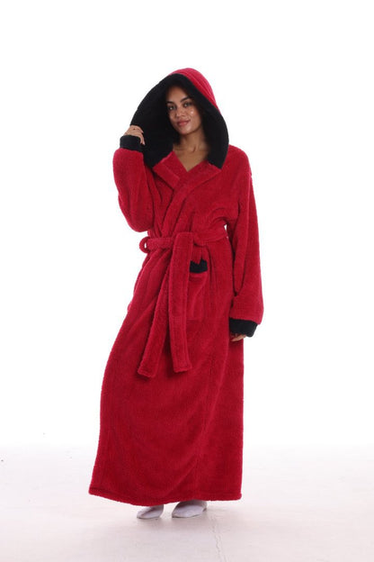 Hooded Solid Color Fleece Bathrobe with Belt Ankle Length Warm Couple Loungewear