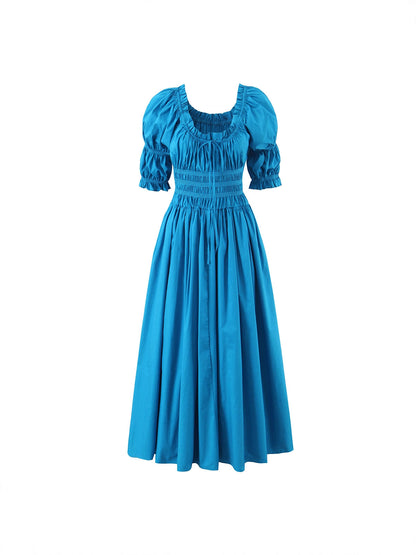 Elegant Retro Puff Sleeve Cotton Dress with Cinched Waist