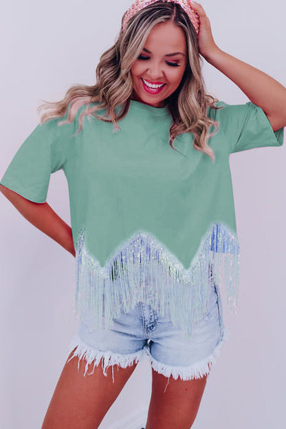 Cropped T-shirt met franjes pailletten en korte mouwen