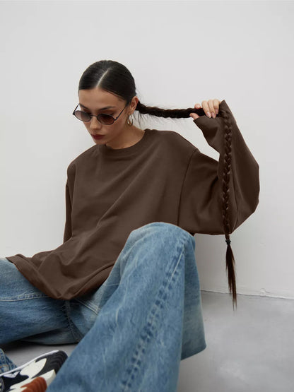 Womens Long Sleeve Cotton T-Shirt Loose Fit Casual Top