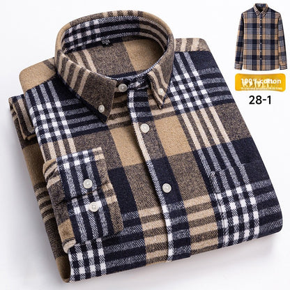 Men's 100% Cotton Thickened Brushed Plaid Long Sleeve Button Down Shirt