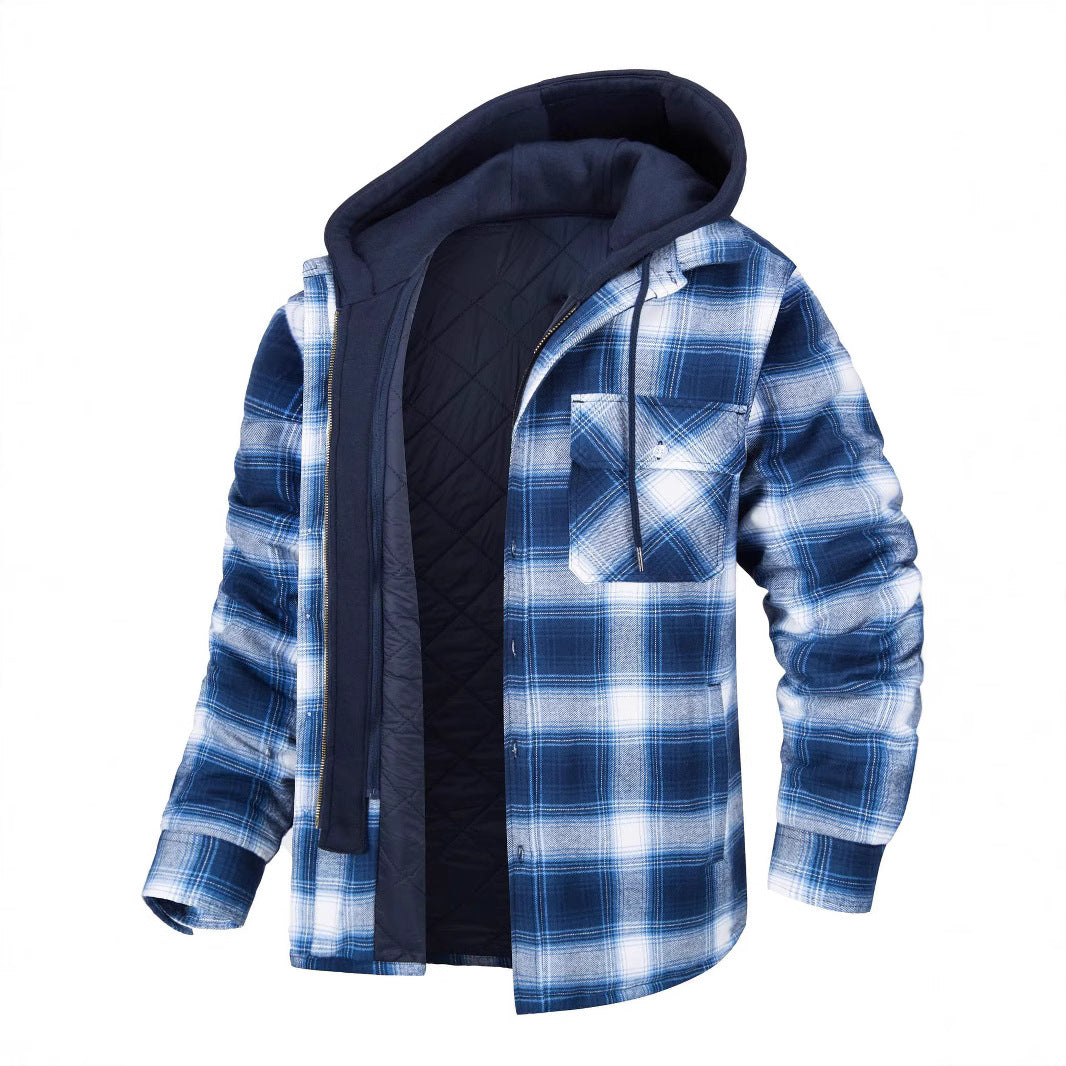 Autumn and Winter Cotton Outwear Plaid Long-Sleeved Loose Hooded Jacket