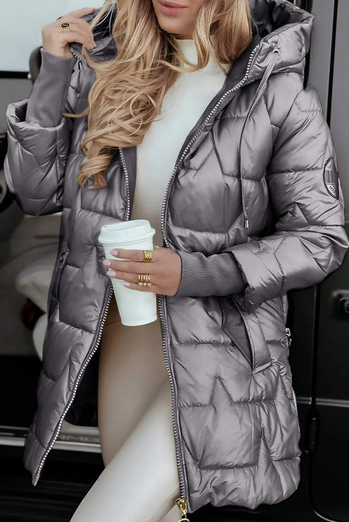 Women Hooded Mid-Length Cotton Jacket Solid Color