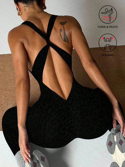 Women Leopard Print One Piece Yoga Suit