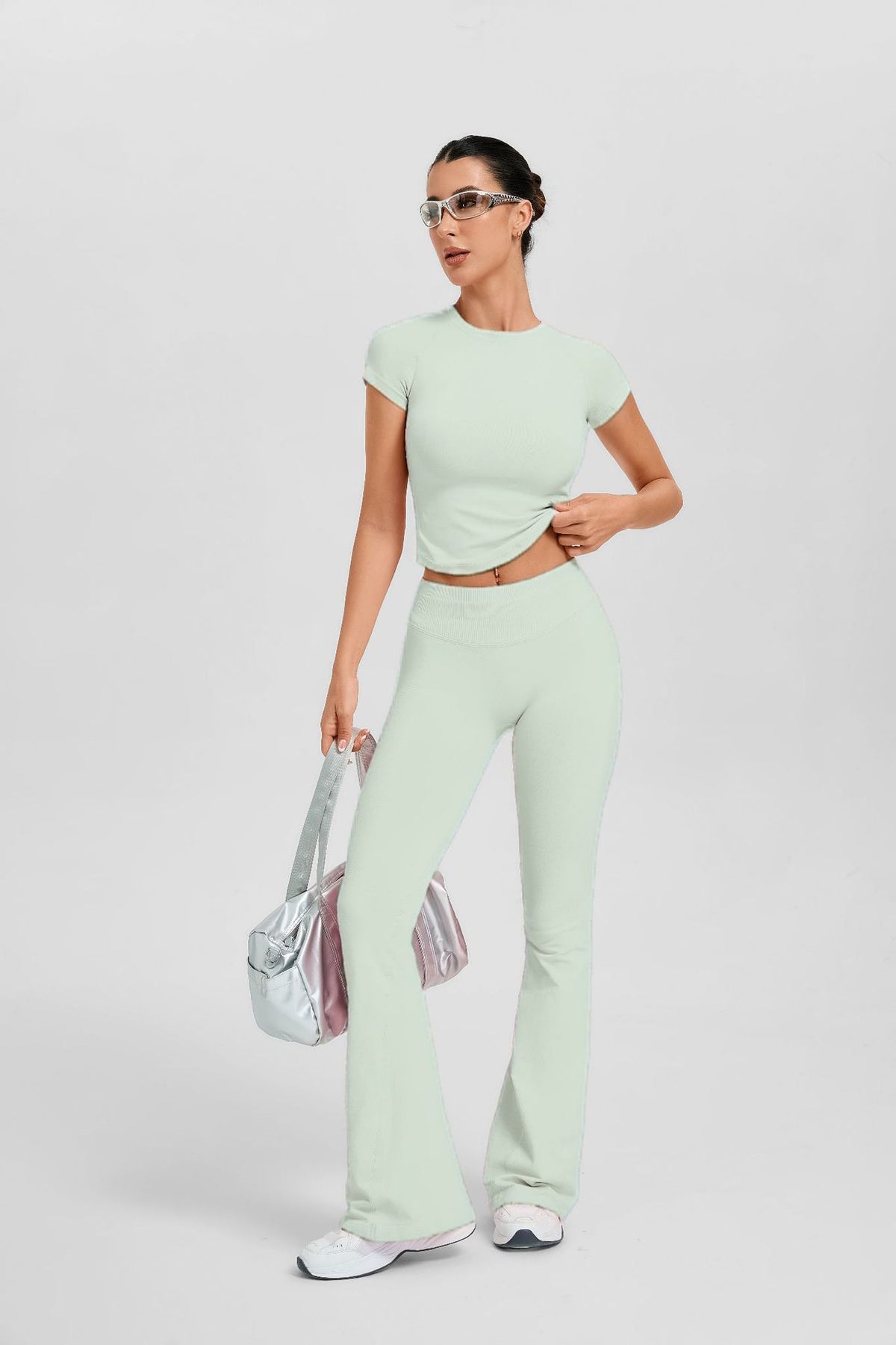Women's Short Sleeve Flared Leg 2-Piece Yoga Set