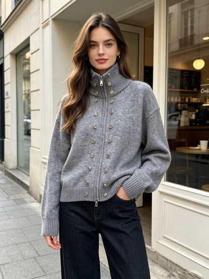 button-decorated knitted zipper cardigan sweater coat