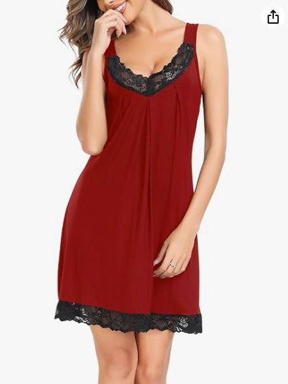Womens Modal Lace V Neck Sleeveless Nightdress Loose Sleepwear