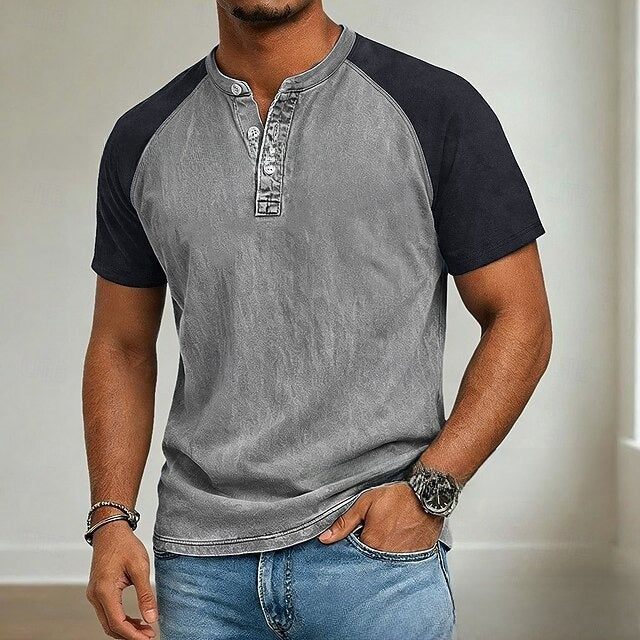 Men's Vintage Washed Henry Collar Short Sleeve Shirt