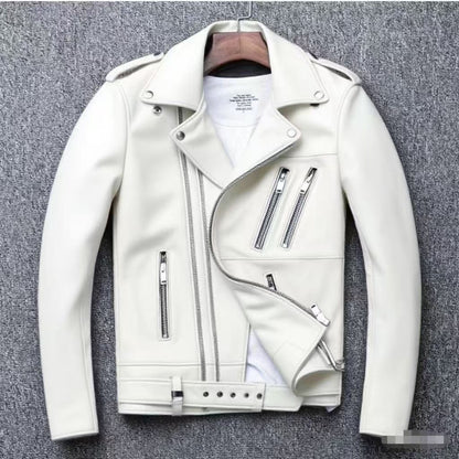 Men's leather jacket with water-washed finish, motorcycle-style men's leather jacket