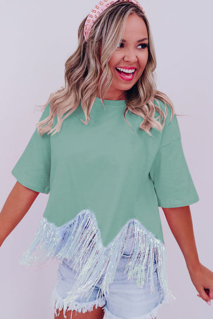 Cropped T-shirt met franjes pailletten en korte mouwen