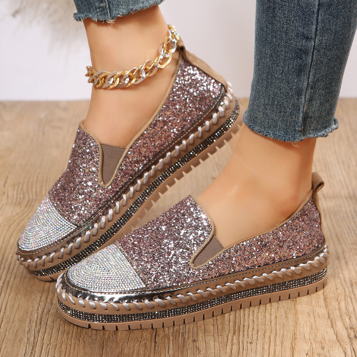 Women's Casual Rhinestone Loafers with Thick Sole