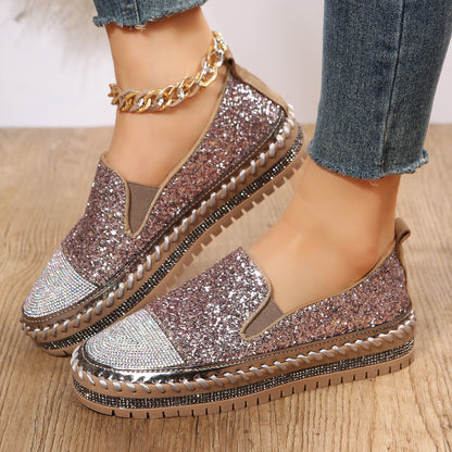 Women's Casual Rhinestone Loafers with Thick Sole