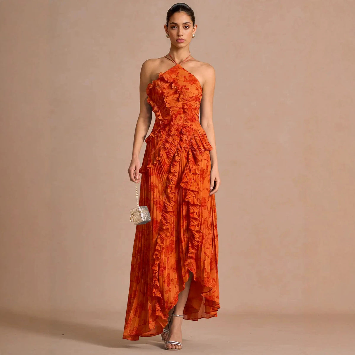 Women's Pleated Chiffon Midi Dress Floral Print Evening Gown