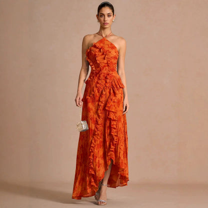 Women's Pleated Chiffon Midi Dress Floral Print Evening Gown