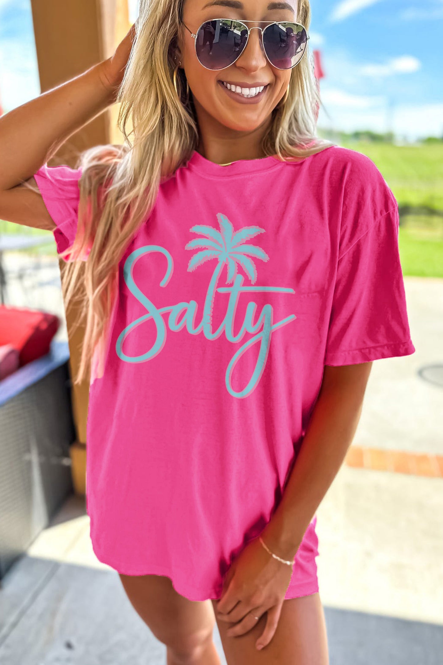 Roze rood T-shirt met print van een zoutige palmboom