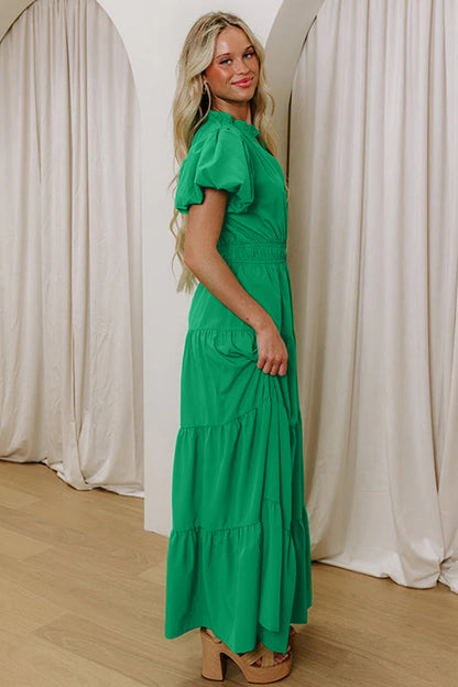 Effen maxi-jurk met V-hals korte pofmouwen en hoge taille