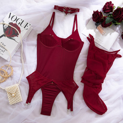 Mesh Lingerie Bodysuit Garter Set