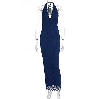 Women's Lace Halter Neck Bodycon Long Dress Sleeveless Backless V-Neck