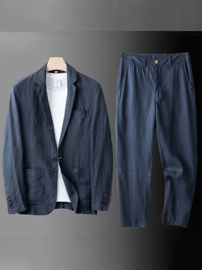 Men's Summer Korean-Style Linen Suit Set ? Slim-Fit, Lightweight Cotton-Linen Casual Blazer and Trousers, Sun-Protective Two-Piece Outfit