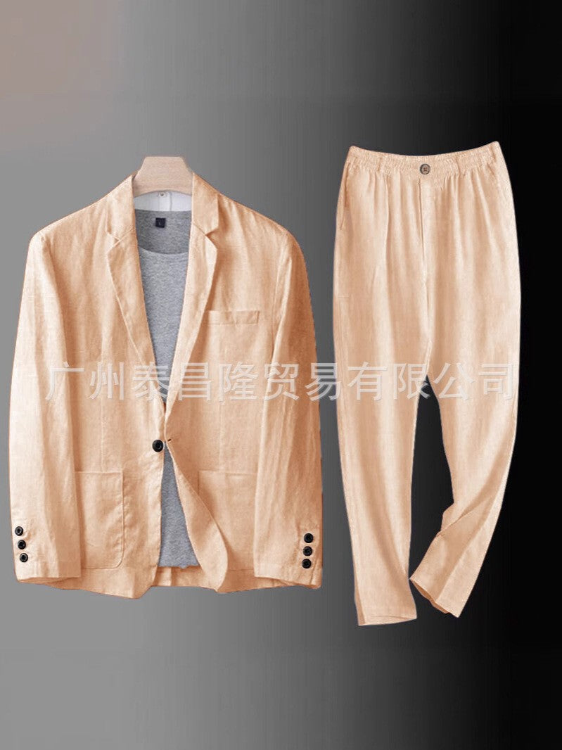 Men's Summer Korean-Style Linen Suit Set ? Slim-Fit, Lightweight Cotton-Linen Casual Blazer and Trousers, Sun-Protective Two-Piece Outfit