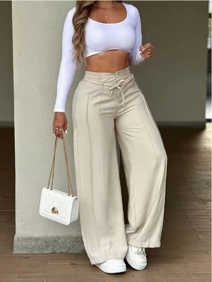 Drawstring High Waist Wide Leg Pants