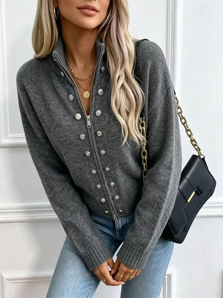 button-decorated knitted zipper cardigan sweater coat