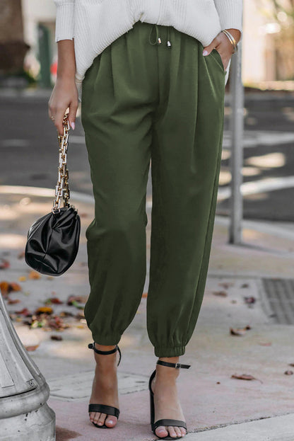 Groene effen casual broek met trekkoord zakken en elastische tailleband