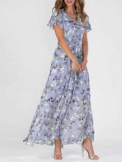 Womens Floral Print Chiffon V Neck Ruffled Swing Dress Short Sleeve Midi Beach Long Dress