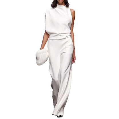 Womens Solid Color One Shoulder Ruched Collar Jumpsuit