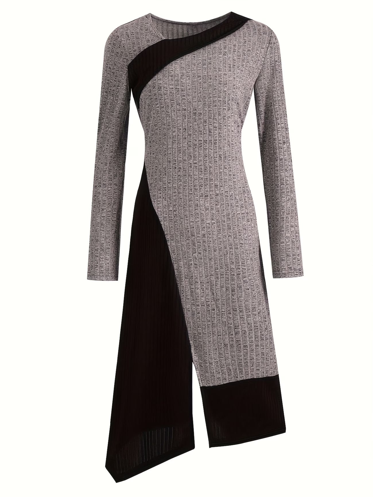 Long Sleeve Ribbed Knit Dress with Asymmetrical Neckline
