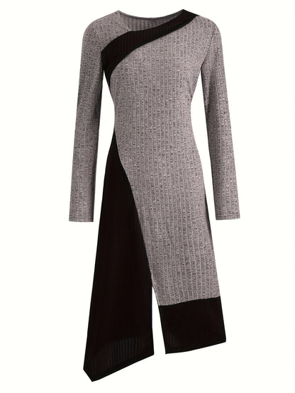Long Sleeve Ribbed Knit Dress with Asymmetrical Neckline