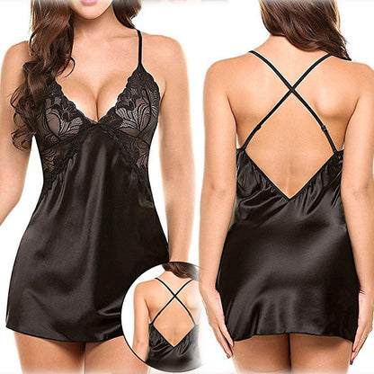 Women's Imitation Ice Silk Cross-Back Suspender Lingerie Nightdress