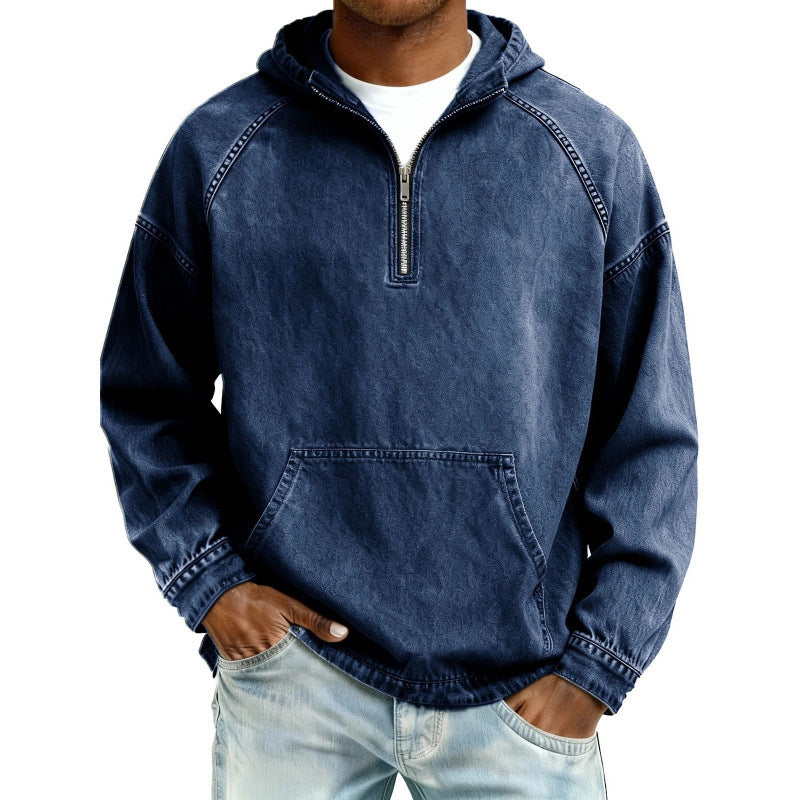 Mens Retro Half Zip Hooded Sweatshirt