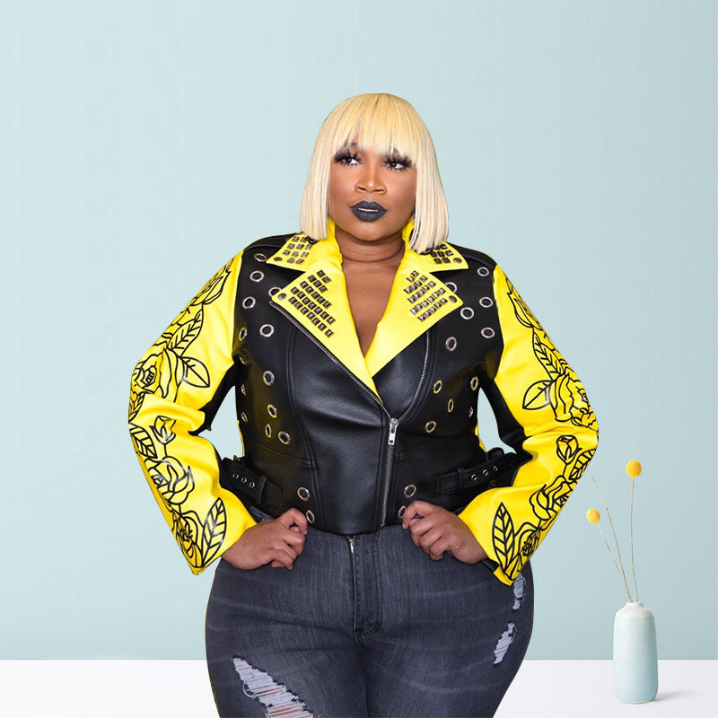 Plus Size Dames PU-leren Jacket Met Print