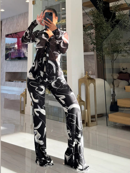 Womens Printed Mesh Cardigan Flared Pants Set