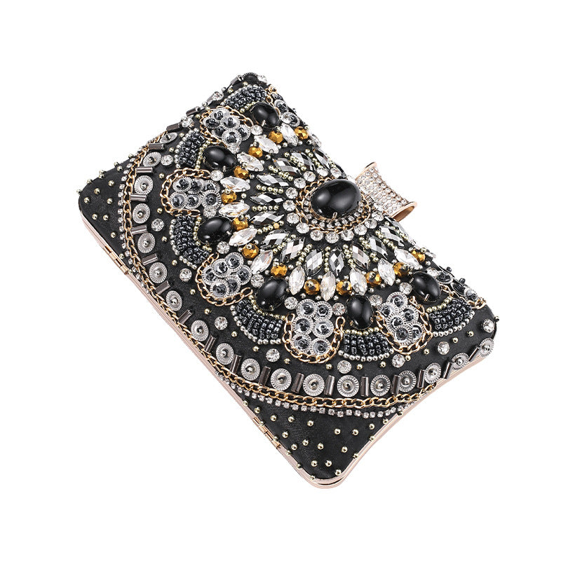 Cross-Mirror New Bead Embroidered Evening Bag, Hand-Beaded Women's Hand-Held Wedding Bag, Diamond-Encrusted Banquet Rhinestone Evening Bag