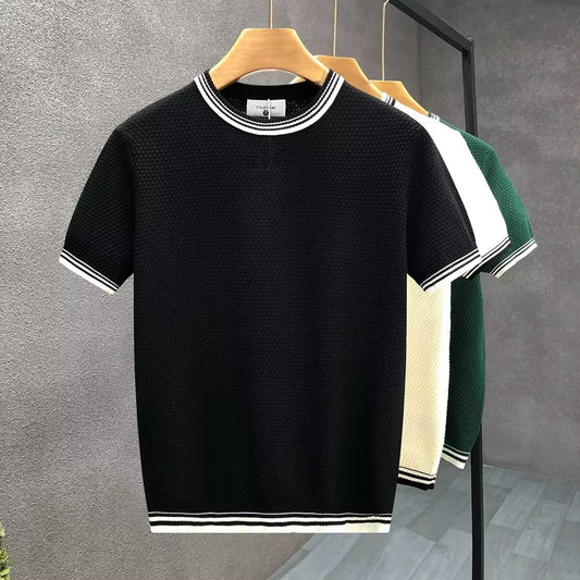Gebreide heren T-shirt met kleurblokken ronde hals en korte mouwen