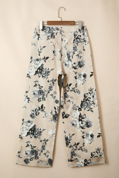 Beige retro jeans met bloemenprint en omgeslagen pijpen