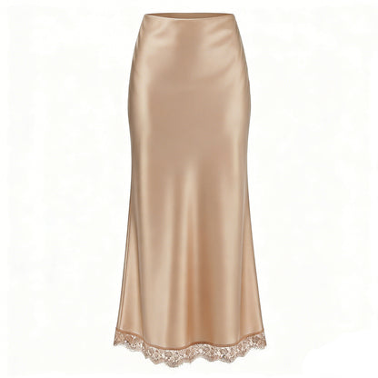 Women's High-Waisted Lace Satin A-Line Maxi Midi Skirt