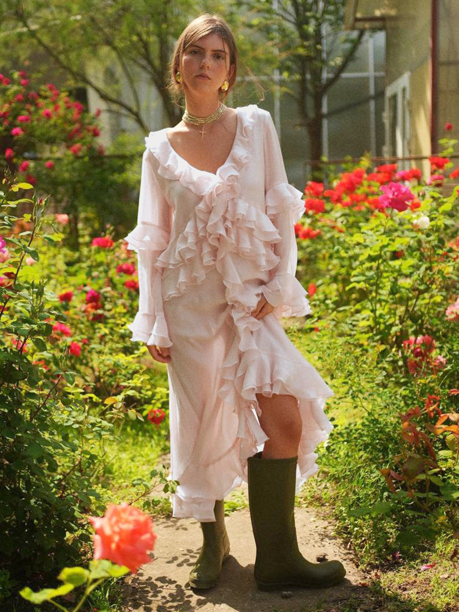 Elegant Ruffle Hem V-Neck Dress