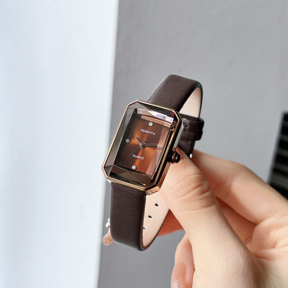 Luxury Rectangular Diamond-Studded Leather Strap Quartz Watch for Women