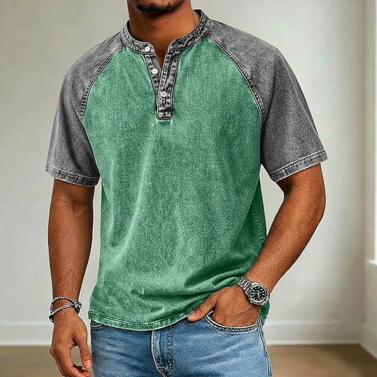 Men's Vintage Washed Henry Collar Short Sleeve Shirt