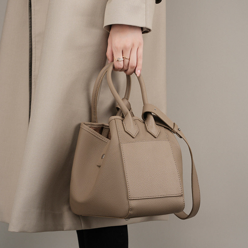 Genuine Cowhide Bucket Bag with Adjustable Strap
