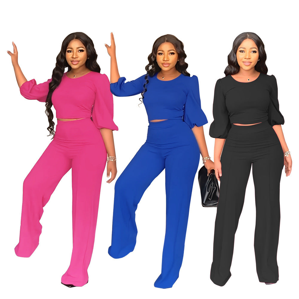 Effen kleur lantaarnmouwen top hoge taille rechte broek tweedelig set