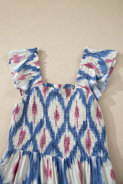 Maxi-jurk met etnische geometrische print vierkante hals hoge taille en ruches