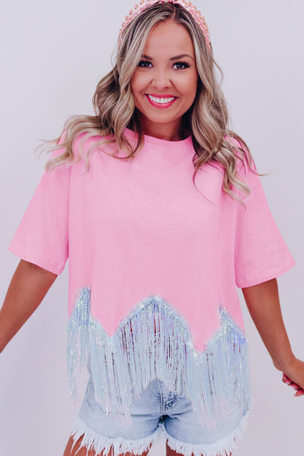 Cropped T-shirt met franjes pailletten en korte mouwen