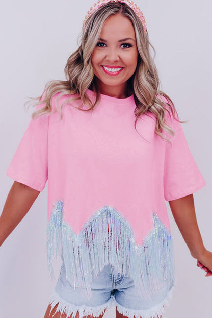 Cropped T-shirt met franjes pailletten en korte mouwen